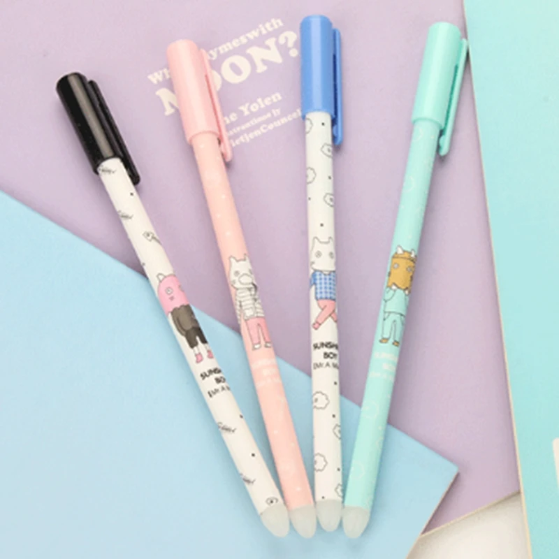 4 Pcs/ Set Cute Cat Erasable Ballpoint Pen 0.38mm Blue/Black Magic