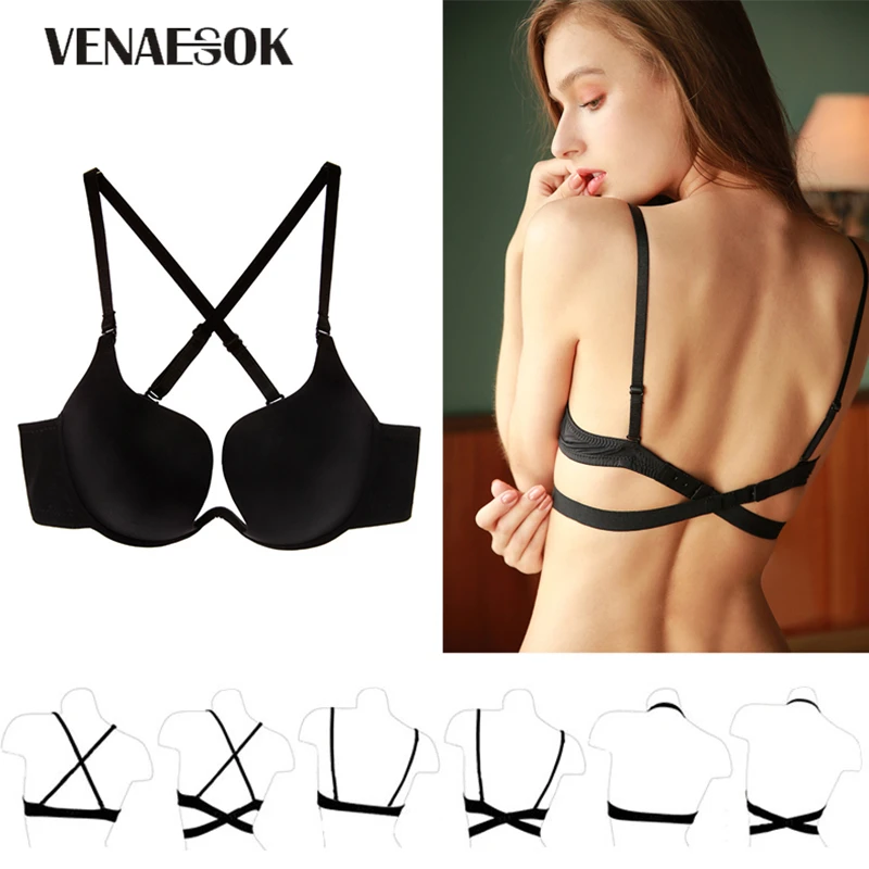 White Deep Plunge Sexy U Bra Half Cup Underwear Women Backless Invisible Back Bra Push Up 38 36 34 32 gather Plunge Bras Black