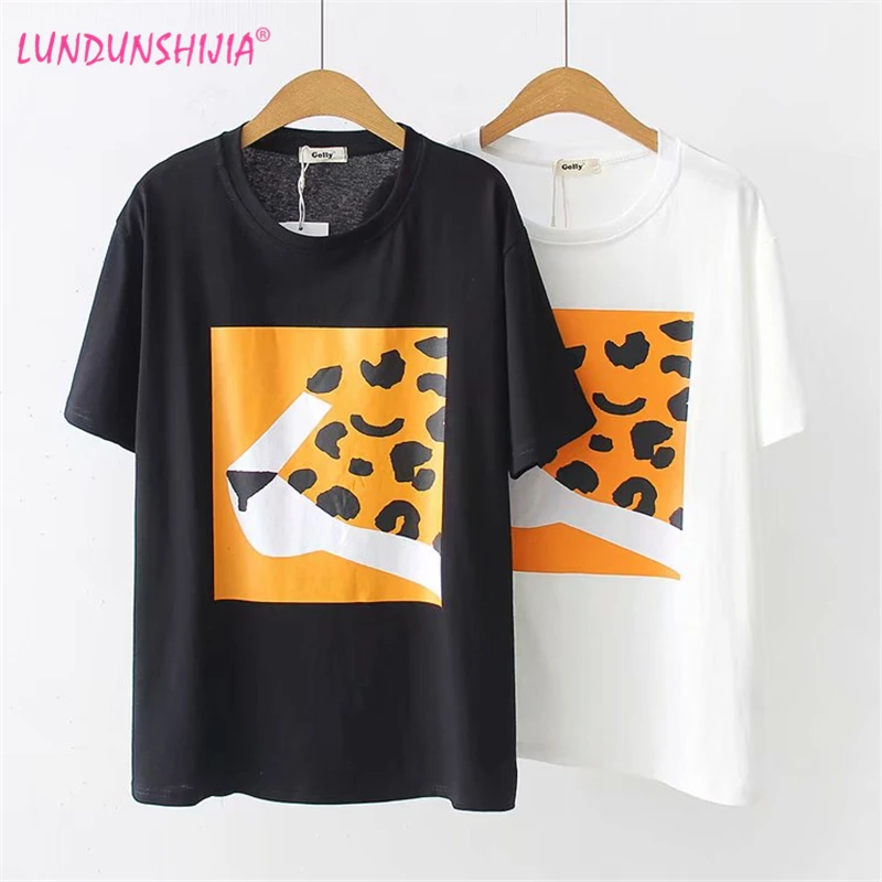 

LUNDUNSHIJIA Leopard Head Printed Women T-shirts 2019 New Arrival Summer 100%Cotton Fashion Fit Tees Top