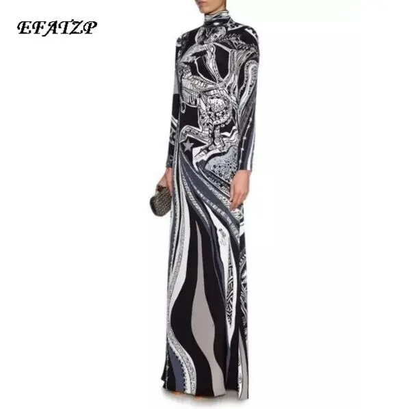 

2016 spring Luxury Brands Jersey Silk Long Dress Women's Vintage Blue Baroque Print Spandex Stretchable Signature Maxi Dress