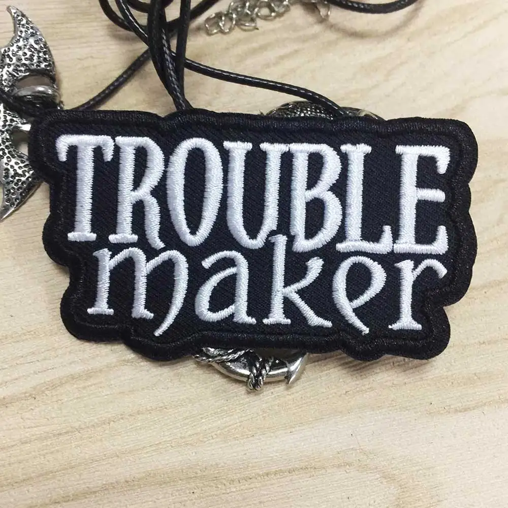 

TROUBLE MAKER iron On embroidery patch for Jacket backing, punk motorcycle embroidery skeleton biker badge