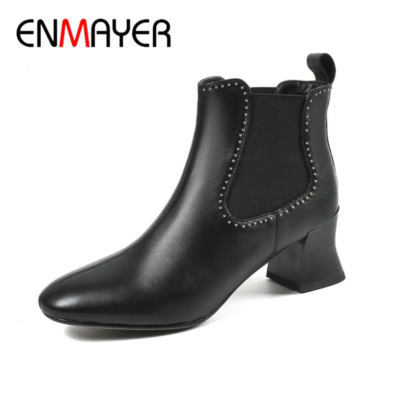 

ENMAYER Woman's Ankle Boots Autumn Winter High Heel Genuine Leather Slip On Shoes Woman Dating Party Wedding Pump Boots CY074