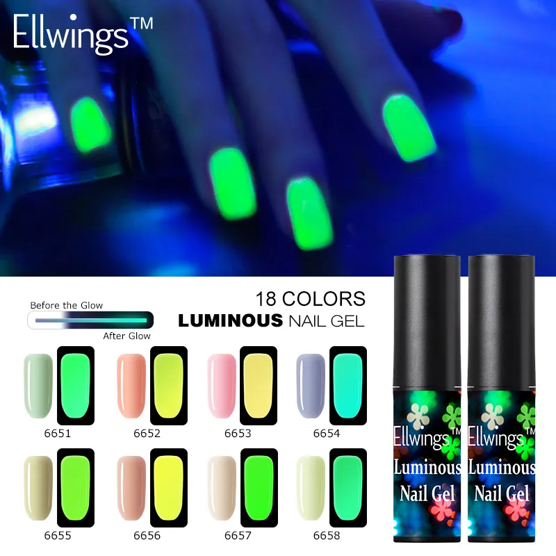 

Ellwings Lacquer Nail Polish Neon Varnish Nail Gel Fluorescence Glitter Gel Glow Primer Gel Polish Top Base Coat Enamel Gel