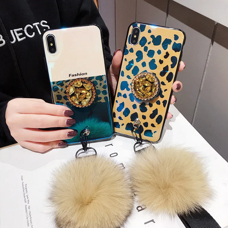 

Fashion Blu-ray Leopard Shiny 3D Diamond Bracket Ball lanyard Cover for iPhone X XS Max XR 6 6S 8 7 Plus 5 SE 5S Back Cover
