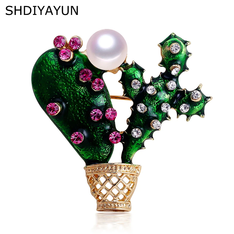 

SHDIYAYUN 2019 Factory Direct Sale Enamel Cactus Brooch Natural Freshwater Pearl Brooch Pins for Women Wedding Jewelry Gift