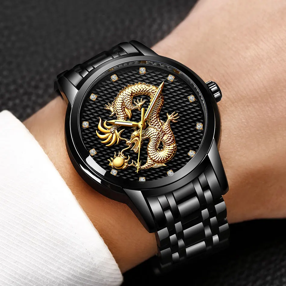 2021 LIGE New Golden Mens Watches Top Brand Luxury Chinese Dragon Watch Business Full Steel Quartz Clock Male Relogio Masculino