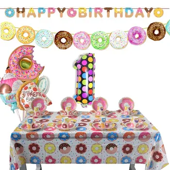 

1st Birthday Party Paper Cups Plate Banner Balloons Donut Grow Up Theme Birthday Party Decor Kids Baby Shower Party Supplies