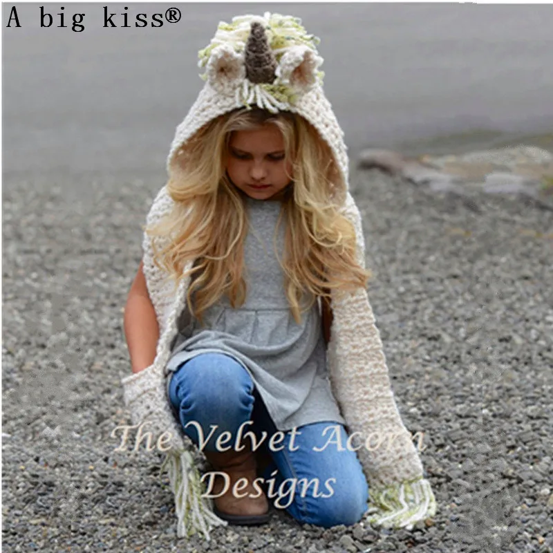 

Children's Unicorn Hat Woolen Crochet Cape Cap Europe and America Creative Scarf Handmade Child Cartoon Cap Autumn Winter