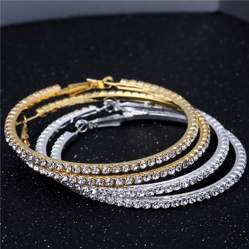 BLIJERY Fashion Full Rhinestone Circle Earrings Classic Big Circle Earrings Silver/Gold Color Crystal Hoop Earrings For Women