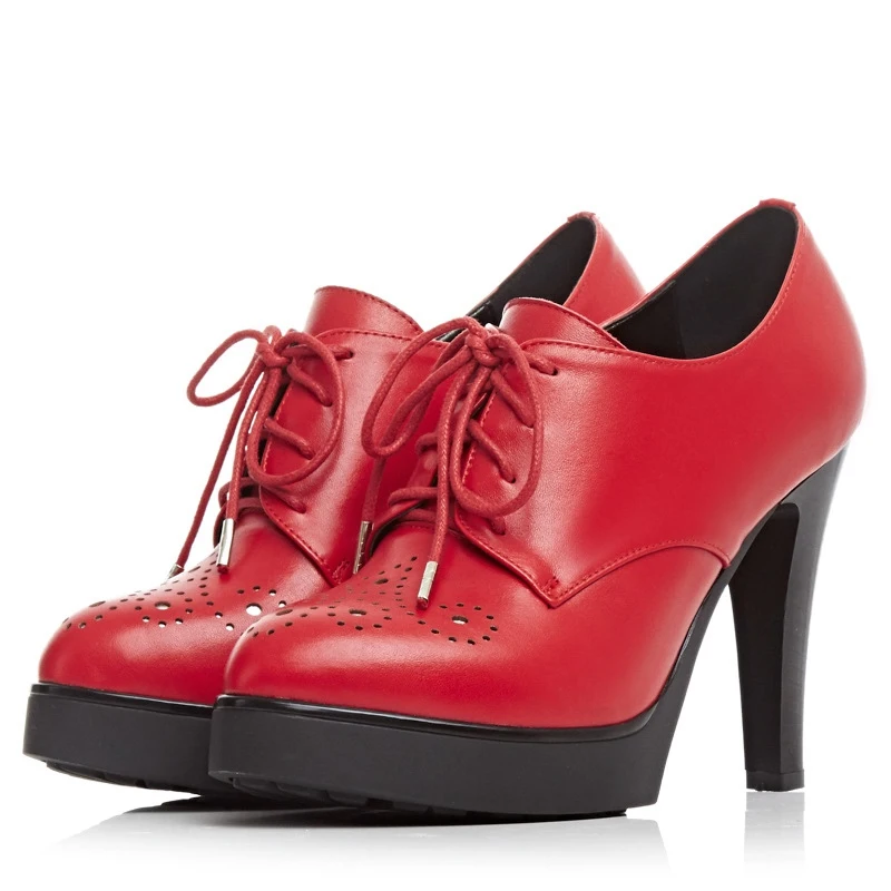 

Heavy-bottomed Stiletto Heels Women Pumps Black Red Cowhide Carving Lace-up 11 CM Thin High Heeled Single Shoes Free Shipping