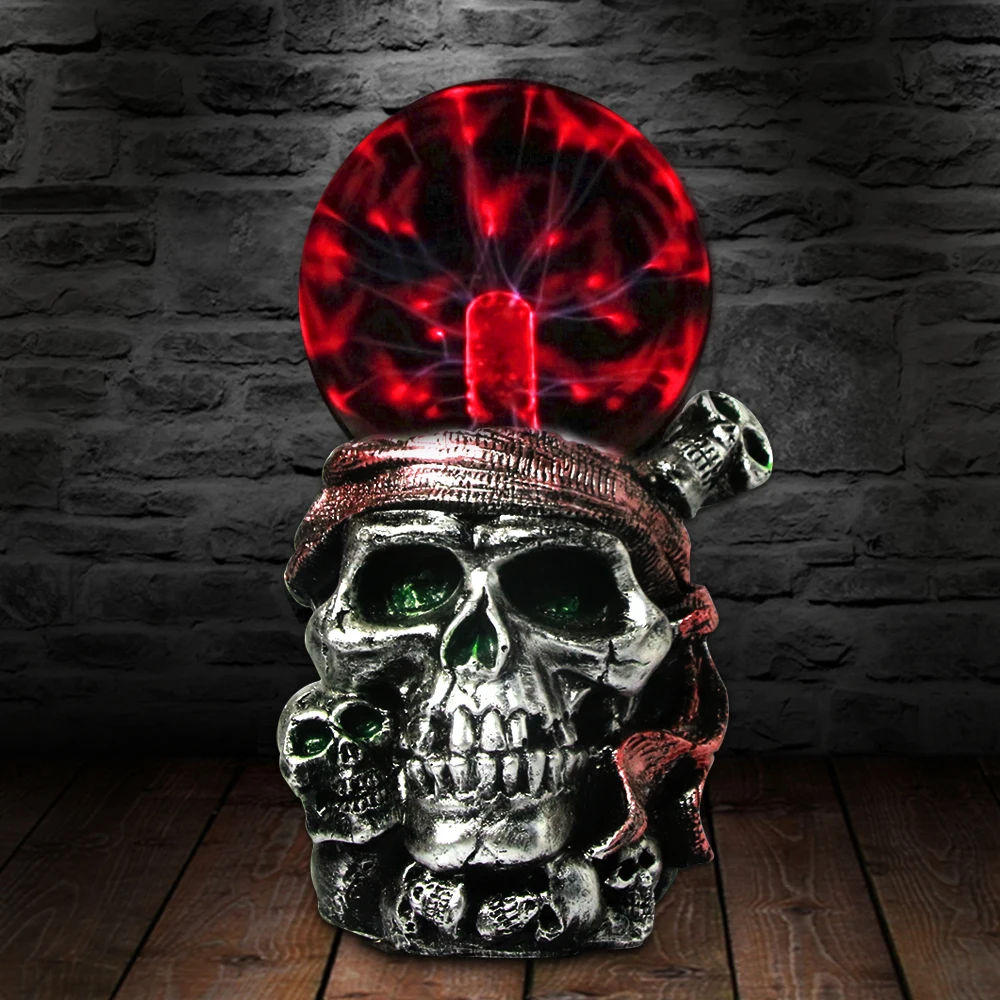 

Pirate Skull with Red Bandana Statue Plasma Ball Lighting Gothic Skeletons Ornament Decor Piled Skulls Resin Figurine Buccaneer