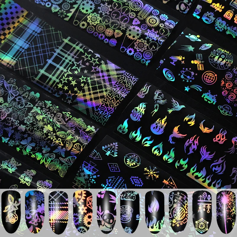 

4*100cm Fashion Holographic Nail Foil Transfer Decal For Nails Stickers Bamboo Leaf Panda Alien Fire Flame Nail art Decoration