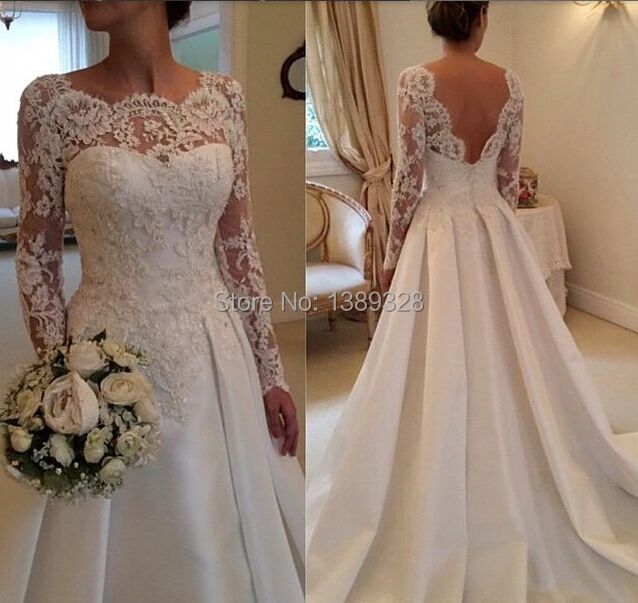 

2018 Cheap Hot Long Sleeve Scoop Princess Long Bridal Gown/Romantic Lace Appliques Backless Wedding Dresses
