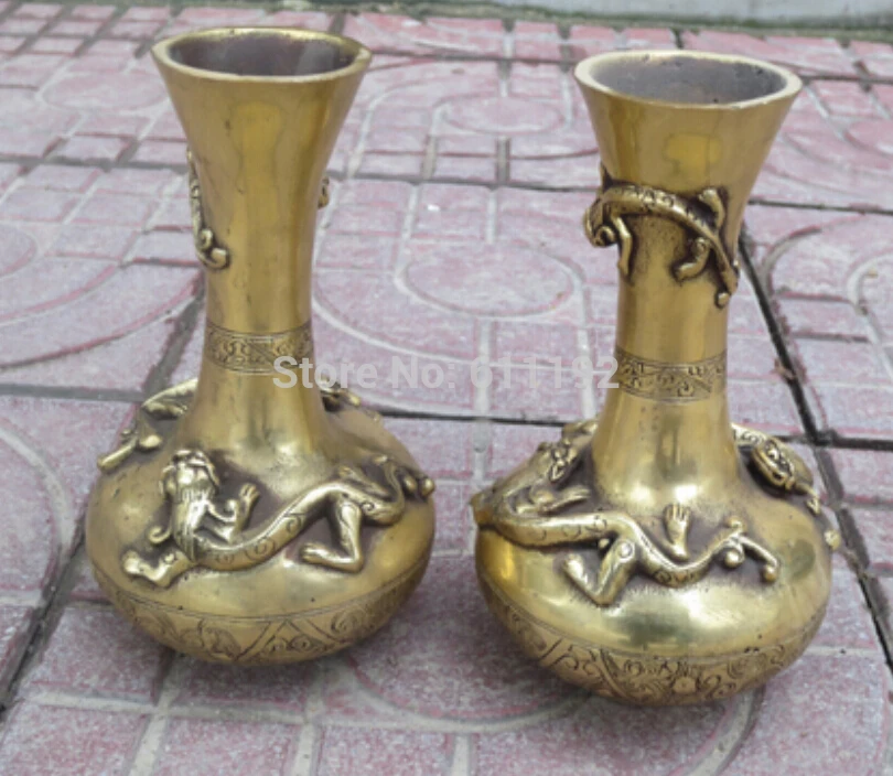 

7 Inch High A pair chinese antique Metal Crafts brass vases carved 3 animal Big vase
