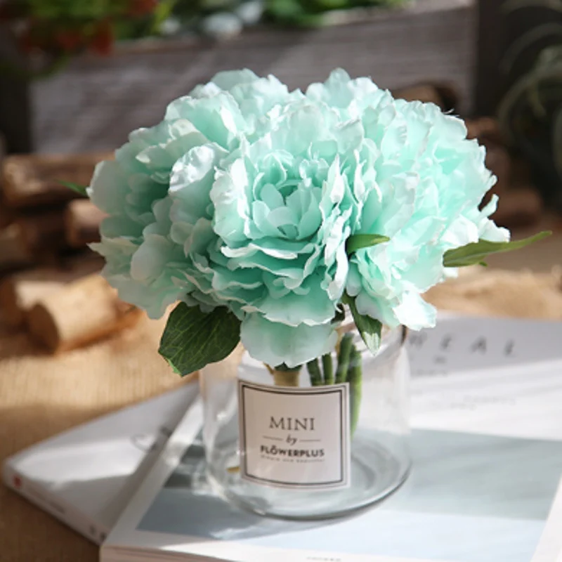 5 декоративные цветы Гортензия пион Свадебный букет Шелковый цветок для DIY украшения для домашнего праздника с зеленым листом натуральный реалистичный