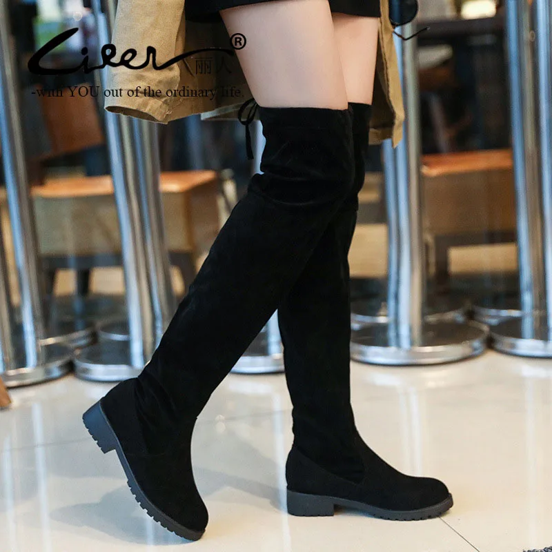 

Liren 2018 New Winter Fashion Women Over The Knee Boots Low Heel Ladies Lace Up Boots Stretch Fabric Women THigh High Boots
