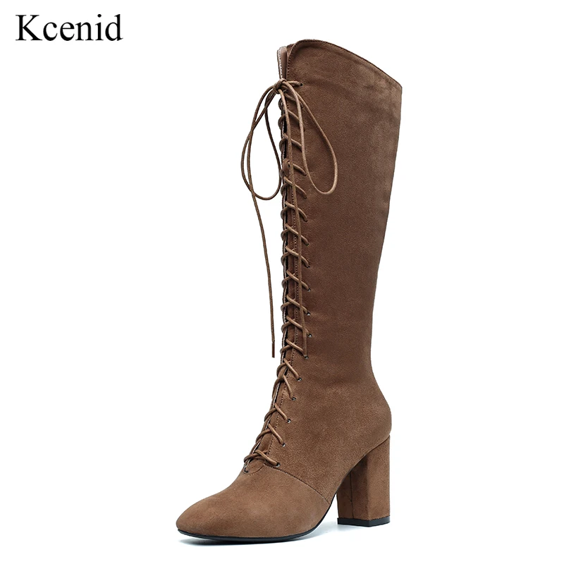 

Kcenid Hot selling women shoes winter 2018 round toe suede leather chunky high heels zipper boots warmly knee-high riding boots