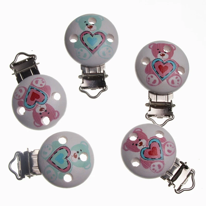 

45x29mm 5Pcs Baby Wood Pacifier Clips Cartoon Bear Metal Holders Cute Infant Soother Clasps