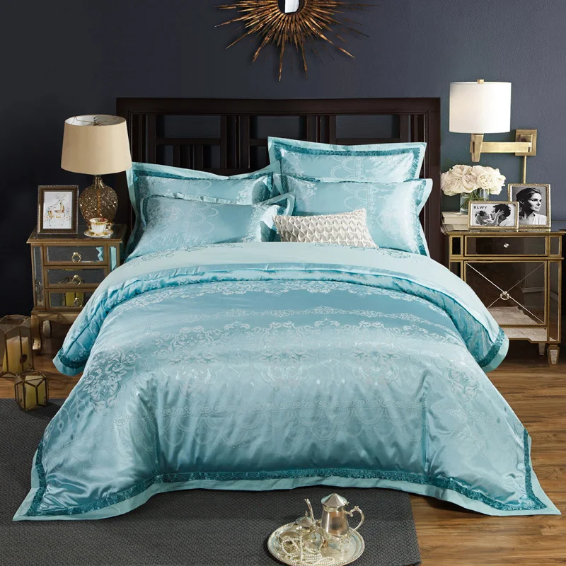 

2018 European Style Blue Bedding Set 4Pc Queen King Size Silk Cotton Jacquard Fabric Duvet Cover Flat Sheet Pillowcases