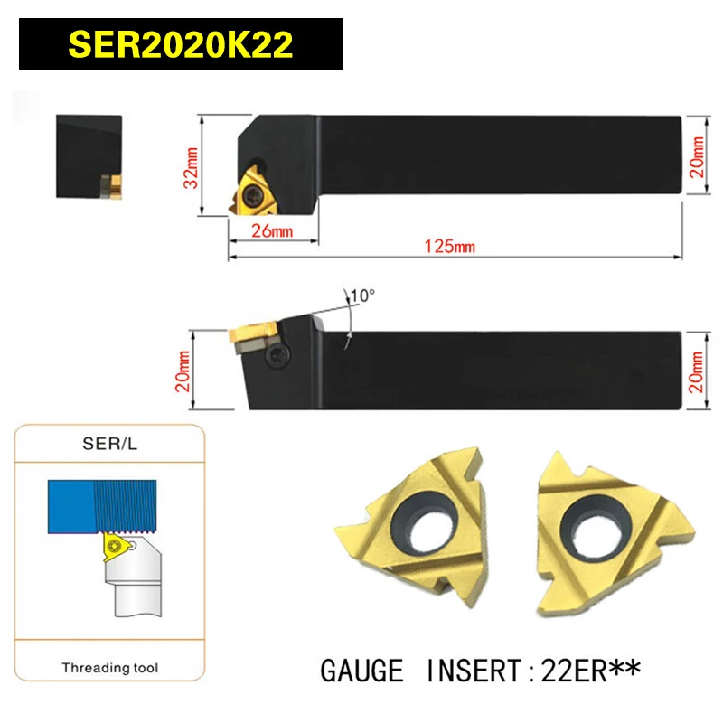 

SER2020K22 External Threading Tools Lathe Index Threading Turning Tool Holder For 22ER AG60 Insert Right Hand