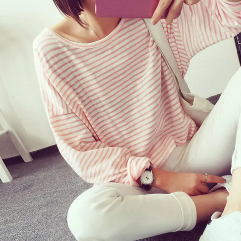 

Summer T-Shirt Tops Thin Striped O Neck Long Sleeve women T-shirt Loose Casual For Women Large Size Tee Green Pink Yellow Black