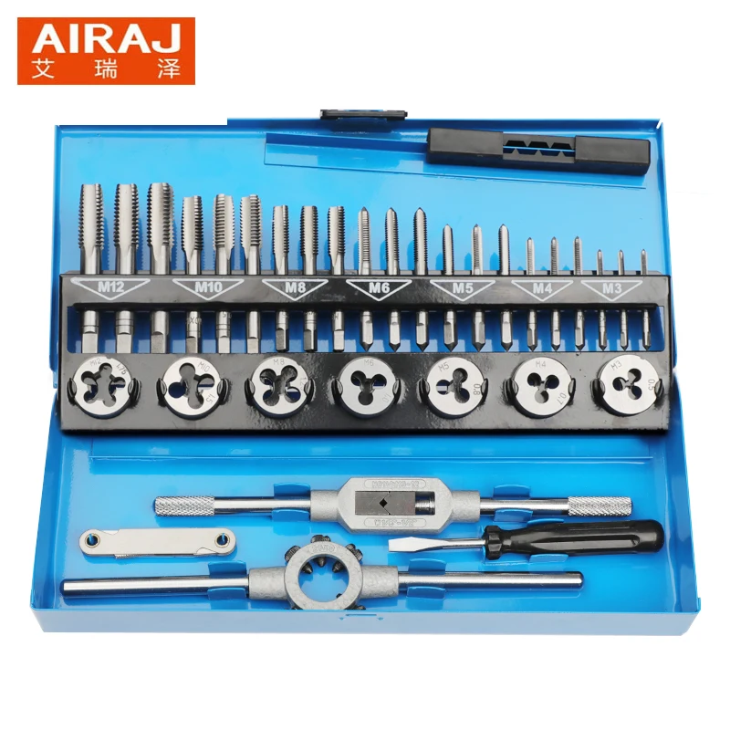 

AIRAJ 32Pcs/33PcsTap and Die Set 3/16"-1/2" Consisting of Alloy-steel Threading Plugs Drilling Screw Gauge Die Handle Tap Wrench