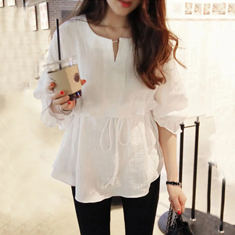 En Ligne Vintacy Linge Chemisier Occasionnel Lâche Longues Hauts Femmes Solide Blanc Shirts Manches Trois Quarts O Cou Dames Vêtements 2018 Automne nouveau