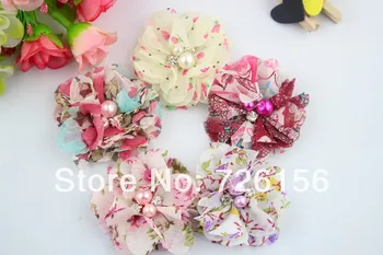 

40pcs/lot Colorful Floral Print Chiffon Flower Pearls And Rhinestones Fabric Flowers Flat Back