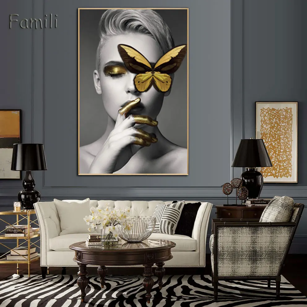 Скандинавский плакат настенные художественные картины модная женская бабочка губы золото и белый черный современный домашний холст живопись Красота домашний декор
