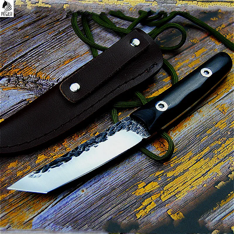 

PEGASI Japanese forged ebony handle 58-60 tactical straight knife north American hunting knife camping defensive knife + holster