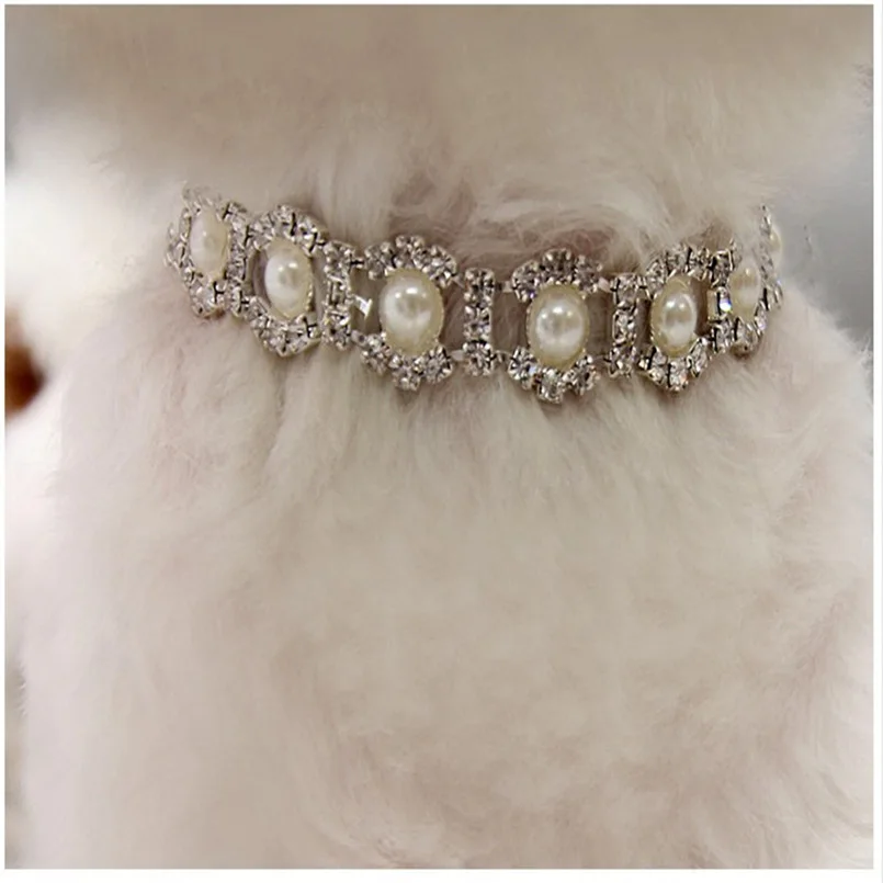 

Bling Rhinestone Pearl Necklace Dog Collar Alloy Diamond Puppy Pet Collars Leashes For Little Dogs Mascotas Dog Accessories