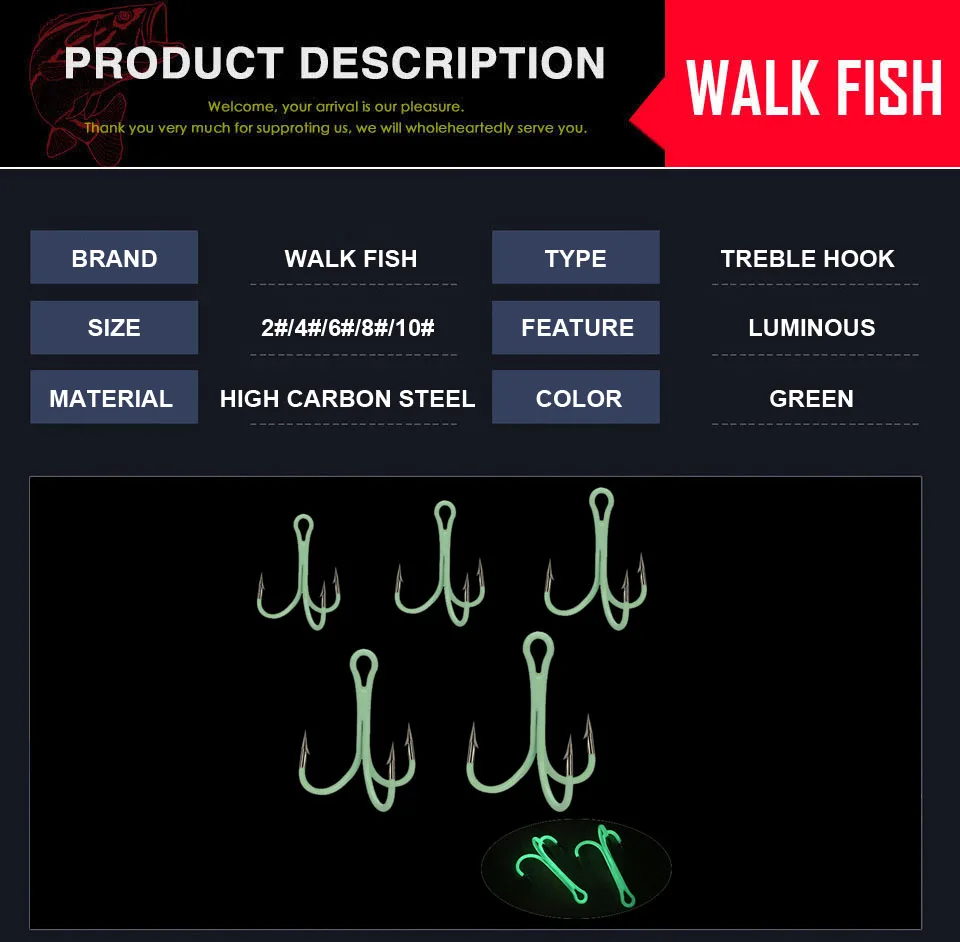 WALK FISH 10PCS/Lot Luminous Treble Fishing Hooks Carbon Steel Barbed Fishhooks Super Sharp Triple Hooks Sea Tackle Accessories