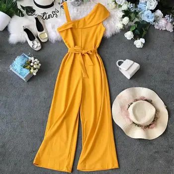 

New Summer Causal Playsuits Romper Women Oblique Collar Bandage Yellow Jumpsuits 2019 Wide Leg Pants Korean Bodycon Bodysuits