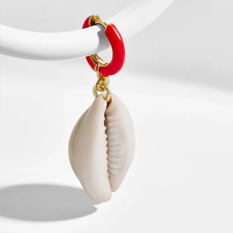 Sloong Sea Shell Earrings For Women Bohemian Ocean Natural Shell Cowrie Statement Hoop Earring Beach Jewelry Gift - Окраска металла: red