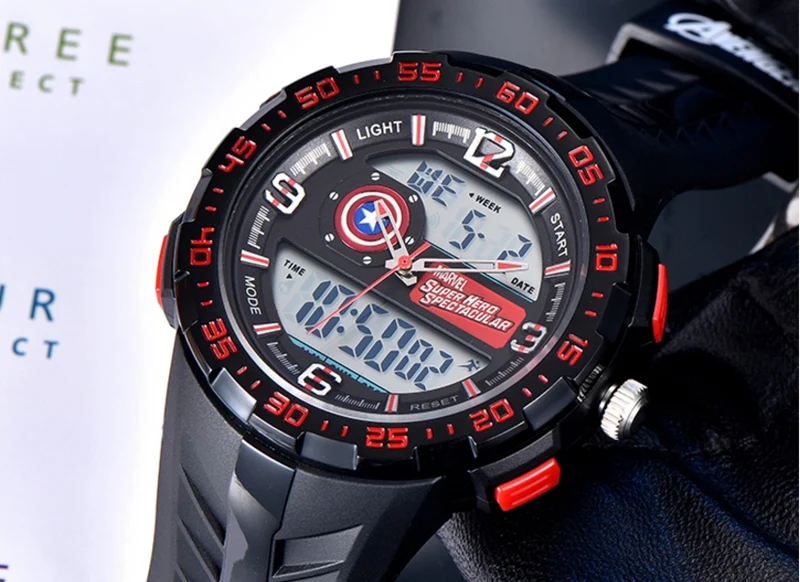 Marvel Мстители Капитан Америка супер герой подростковый спорт Многофункциональные 5 бар водонепроницаемые часы резиновый светодиодный светящийся Часы Дисней