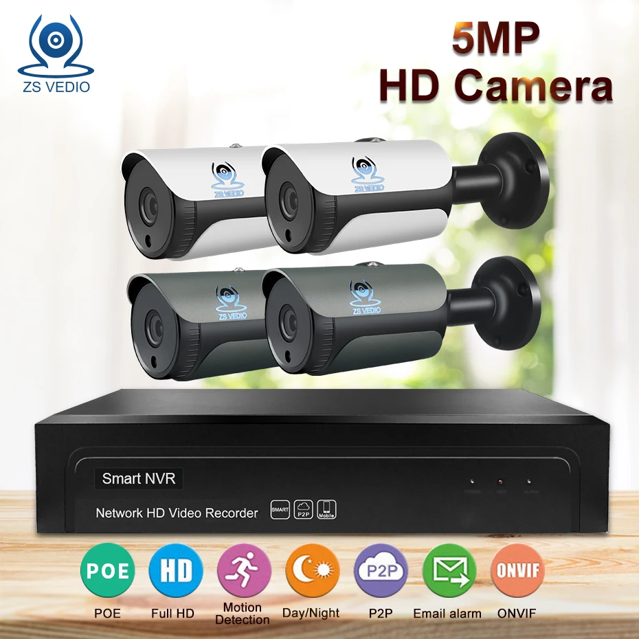 

ZSVEDIO 4ch 5.0MP POE Kit H.265 CCTV Security 8CH NVR IP Camera Outdoot Waterproof IR Night Vision Monitoring E-mail