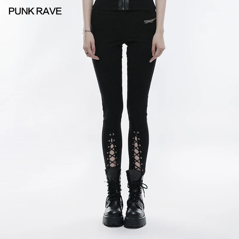 

Punk Rave Rock Fashion Black Rope Daily Stretch Woven Women Skinny Leg Pants Trousers Gothic OPK145