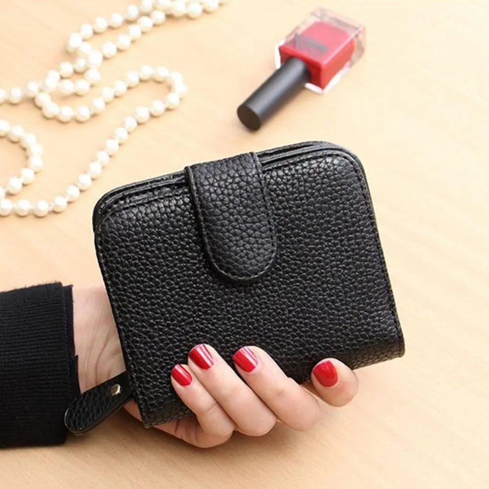 Модный женский черный кожаный кошелек, кошелек для монет, сумка для денег, маленький кошелек и сумочка, мини-кошелек на молнии, короткий женский кошелек, держатель для карт - Цвет: Черный