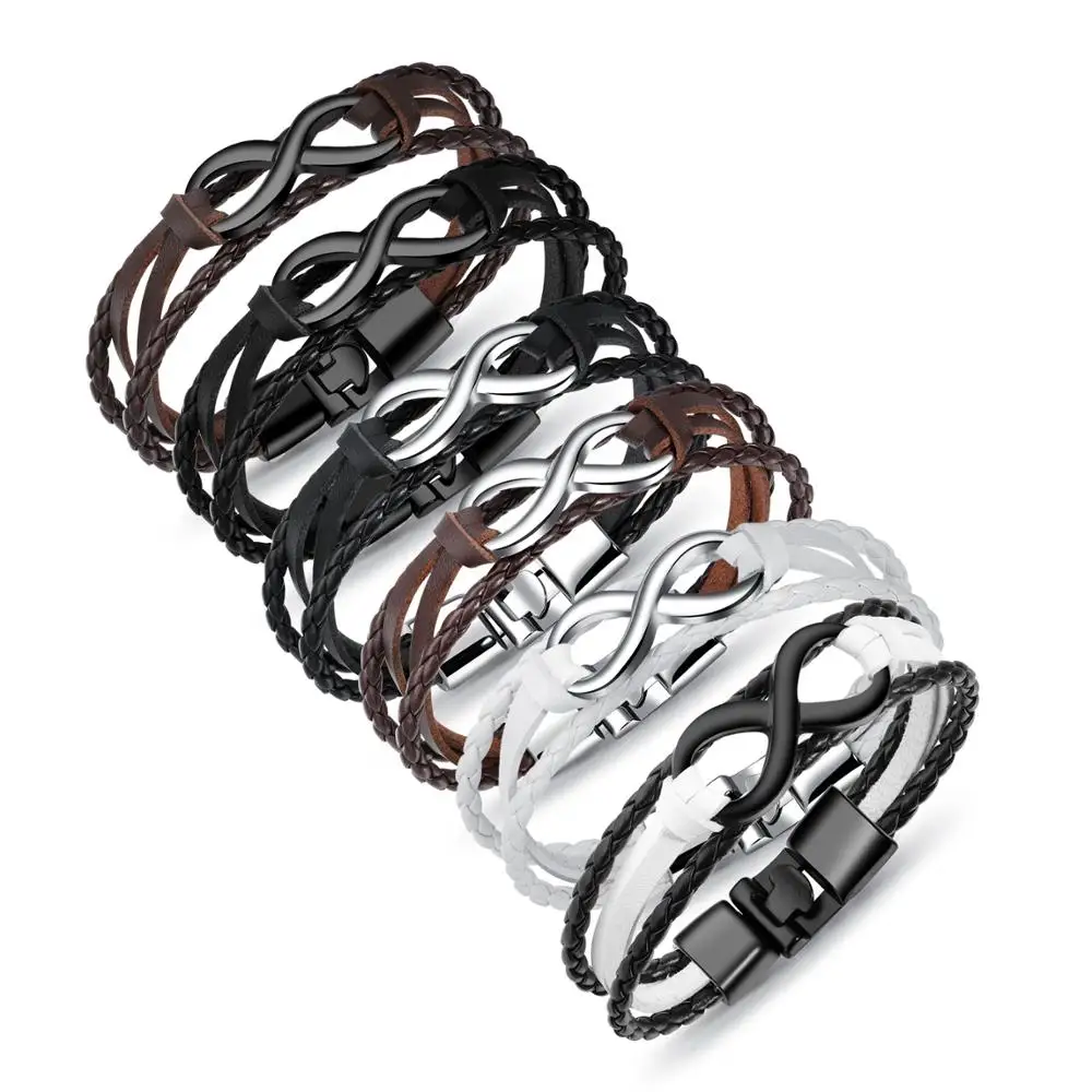 

MAE Trendy Zinc Alloy 8 Shape Infinity Bracelet Multilayer Braided Leather Rope Men Chain Bracelet Fashion Jewelry Male Decor