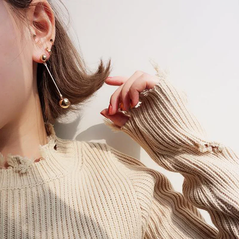 Fashion Silvery Golden Party Big Round Ball Metal Beads Unique Exquisite Hanging Long Drop Earrings