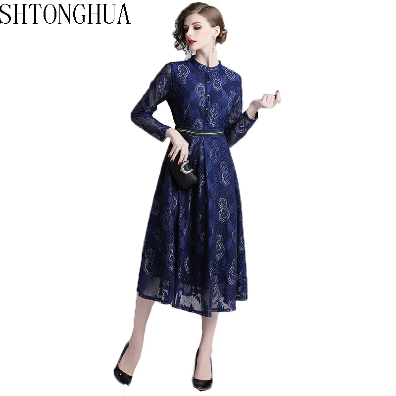 

High Quality Runway 2019 Spring Autumn New Fashion Women Party Office Hollow Out Embroidery Vintage Lace Long Sleeved Dress