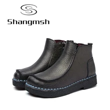 Shangmsh 2017 New Ankle Women Boots Genuine Leather Fashion Retro Handmade Shoes Comforable White Boots Footwear Female Flats