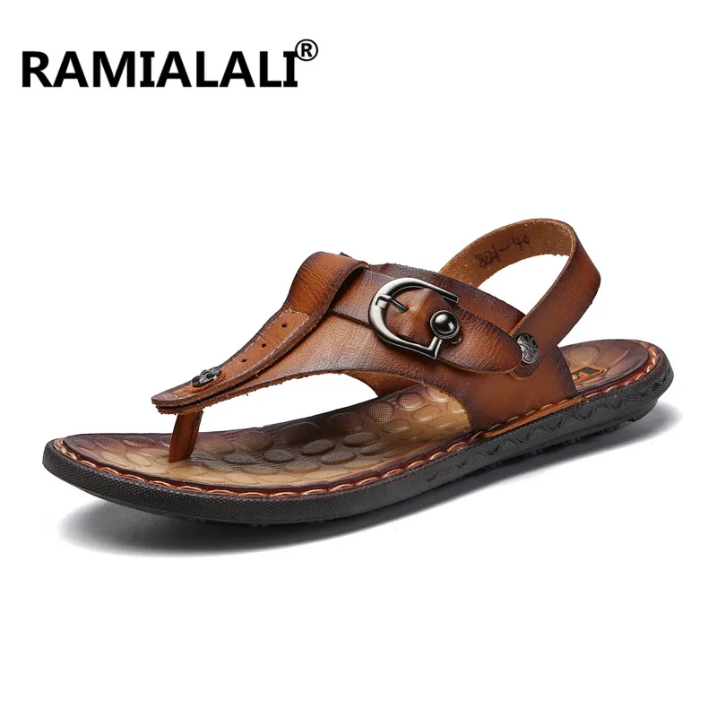 Summer Men Leather Gladiator Sandals Flip Flops Back Strap Flats