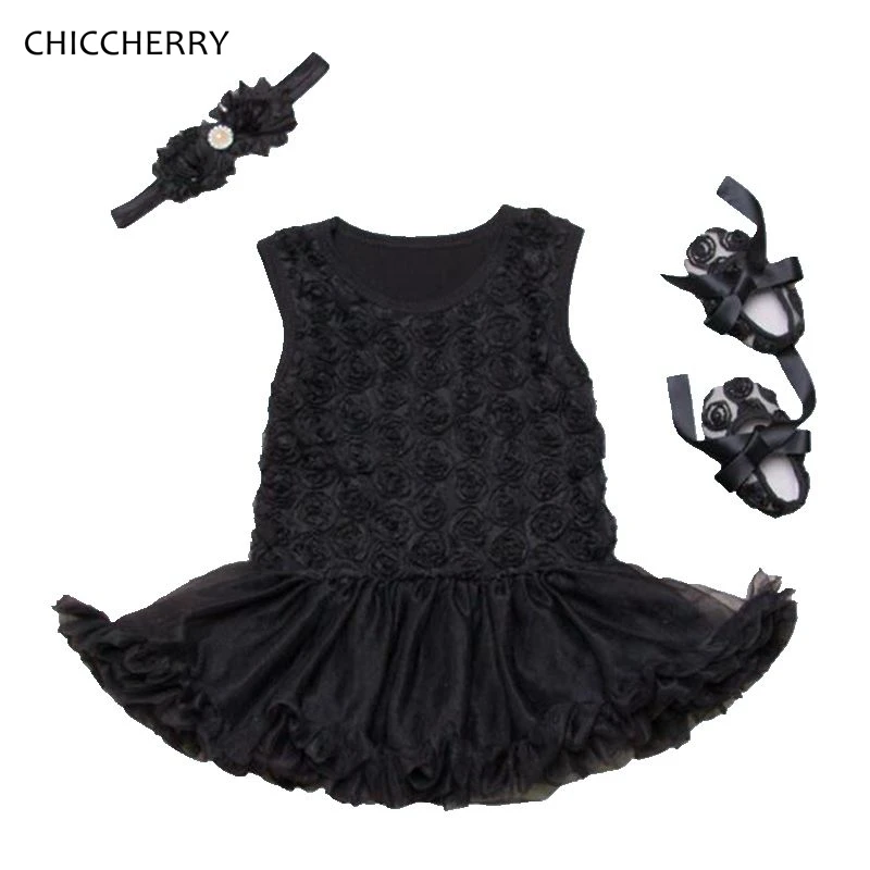 

Black 3D Flowers Fashion Baby Girl Summer Clothes Lace Romper Dress Headband Shoes Newborn Tutu Sets Conjunto Infantil Menina