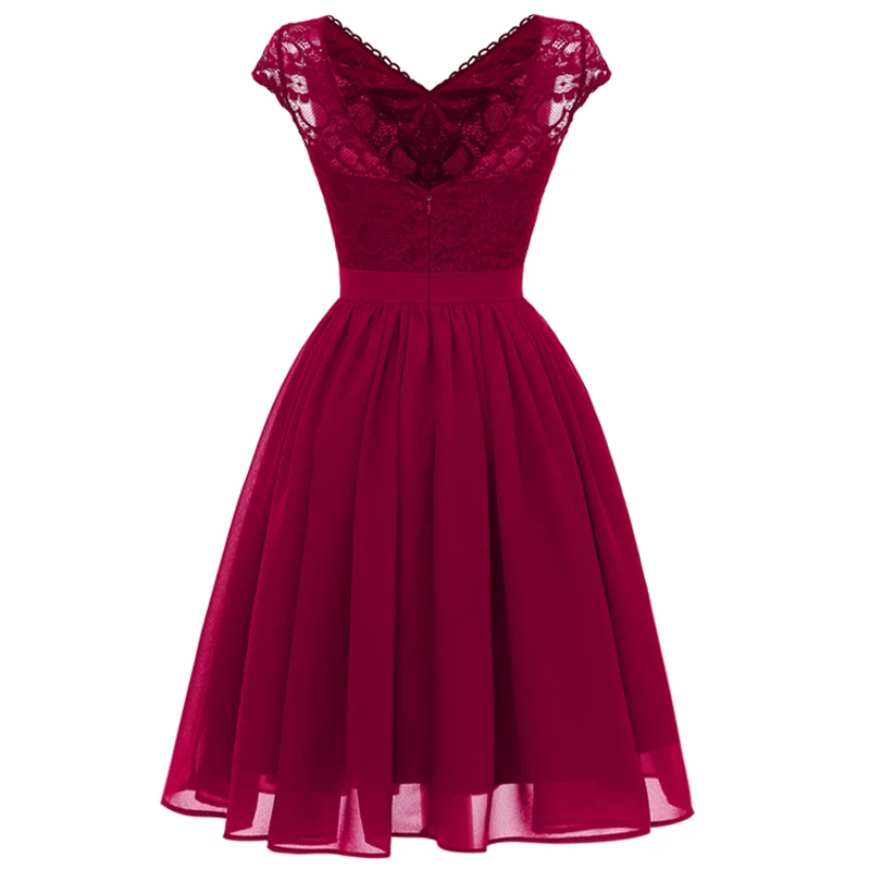 Women Sexy V Neck Lace Chiffon Dress Summer Fairy Retro Party Dress Slim Waist Robes femme ete 2018 Swing Vintage Dress Pink (2)