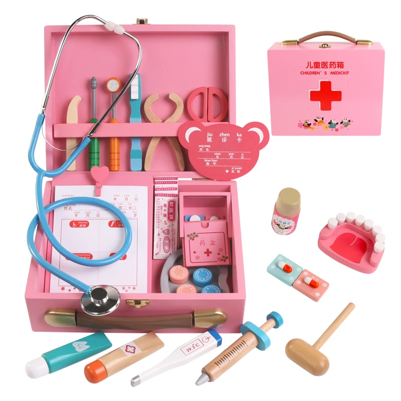 

wooden doctor toy portable medicine box simulation medicine box Pretend Doctor Kit injection tool home stethoscope girl gifts