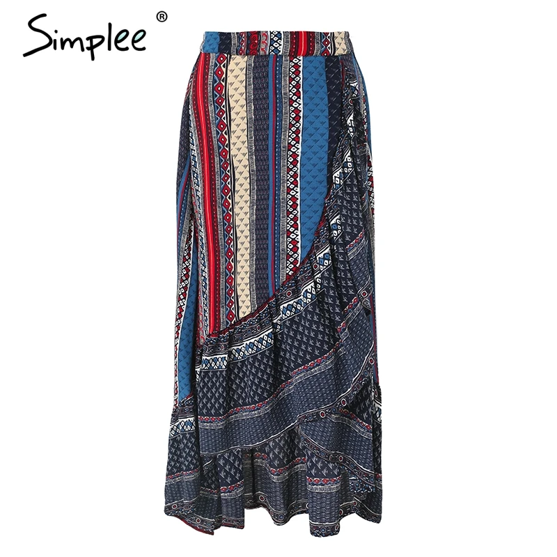 Simplee рюшами boho печати wrap юбка женские летние пляжные повседневные макси Женский