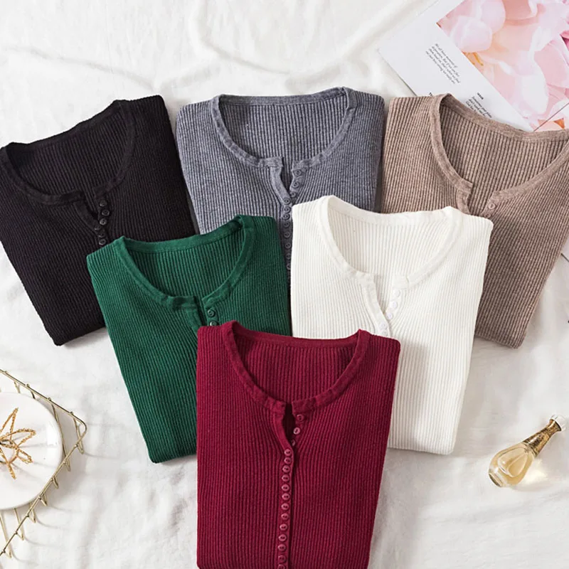 

Autumn V Neck Button Sweaters Women Pullover Top Fall 2019 Long Sleeve Casual Knitted Female Sweater Slim Jumper