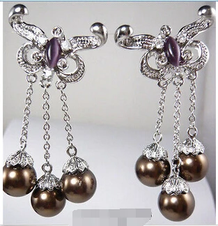 

FREE SHIPPINGCharm Brown South Sea Shell Pearl Purple Opal 18KWGP Butterfly Earrings