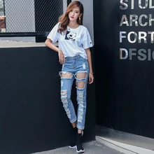 Высокое качество сезон: весна–лето Для женщин простые базовые джинсы мульти отверстия Джинсовые штаны Прямые джинсы длинные брюки для Для женщин джинсы брюки